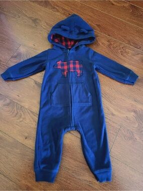 Carter’s 12M Navy Fleece Bear Hoodie Romper 🐻 Buffalo Plaid One Piece